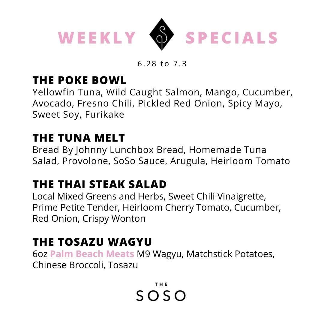 Specials for the week are in! Available after 4pm Tuesday then available all day Wednesday through Sunday 7/3 or until they run out. Don't sleep on the Thai Steak Salad!
.
.
.
@palmbeachmeats @breadbyjohnny