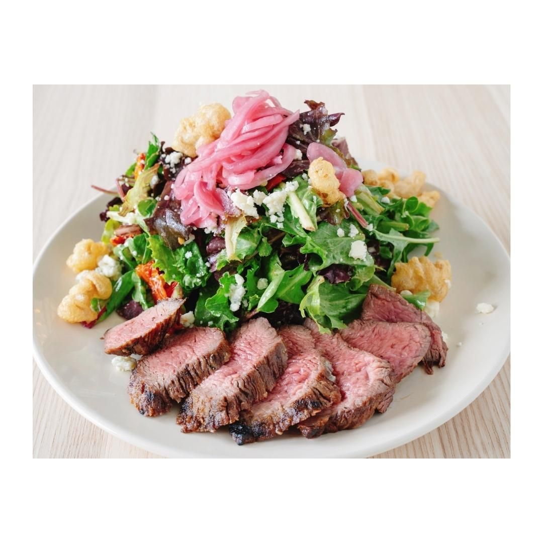 Have you tried The Steak and Blue Yet? Local Spring Mix, Champagne Truffle Vin, Creamy Pointe Reyes Blue Cheese, Sundried tomatoes, Tempura Shemeji Mushrooms, and Pickled Red Onions hit the plate with a grilled to order @creekstone_farms Prime Petite Tender from @BushBros. We can't think of a better steak salad.
.
.
.
.